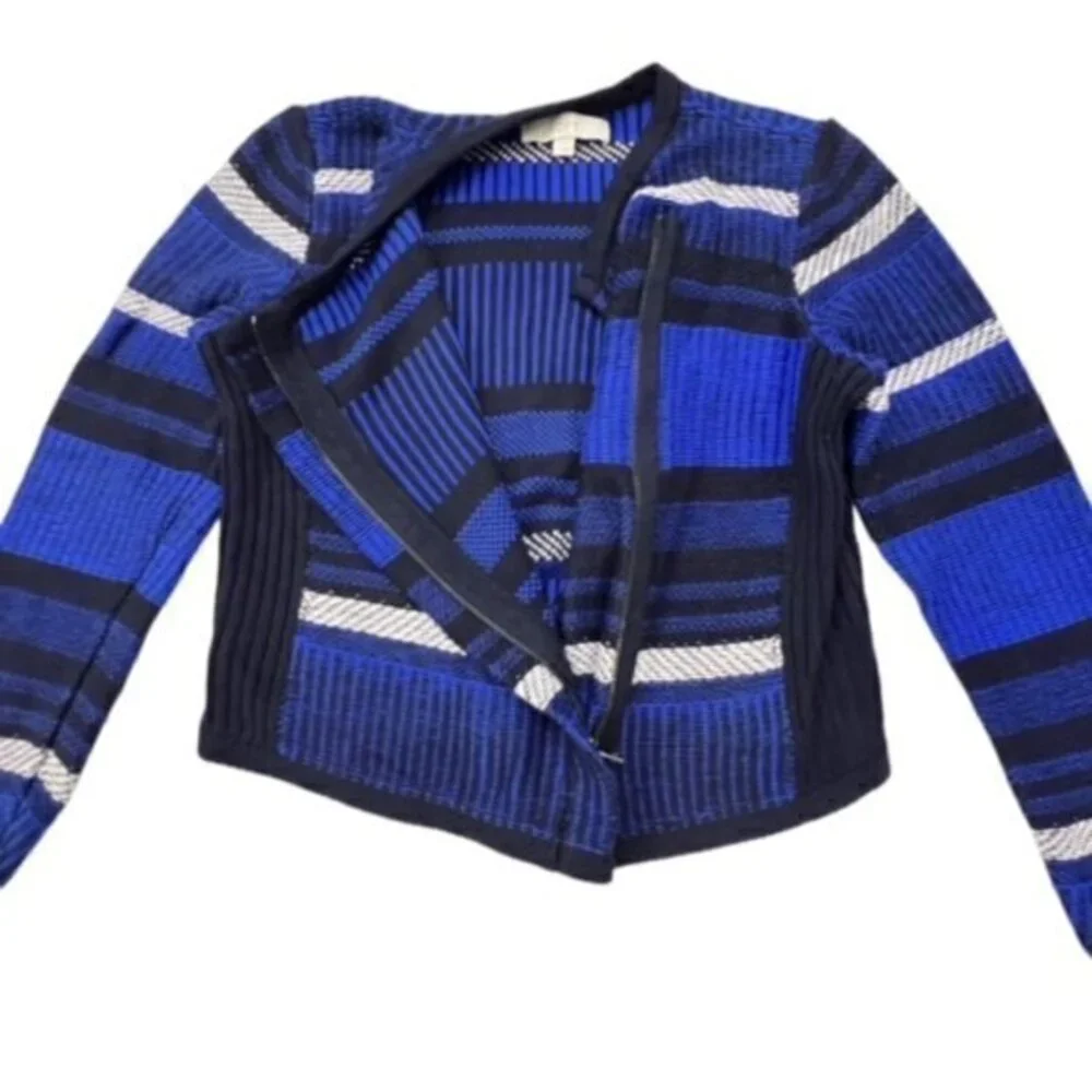 LOFT Womens Striped SOFT Knit MOTO Jacket Asymmetrical Zip Blue Black CITY‎ EUC